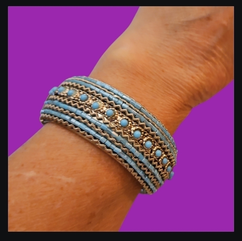 Vtg Western Icy Blue Beaded Chunky Metal Clamper Bracelet